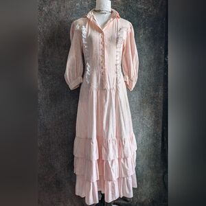 Vintage Cottagecore Ruffle Lace Pink White Tea Dress